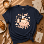 Out of Energy coffee lover graphic t-shirt cozy flat lay in navy.
