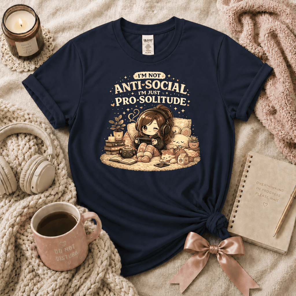 Pro Solitude introvert graphic t-shirt in Navy flat lay.