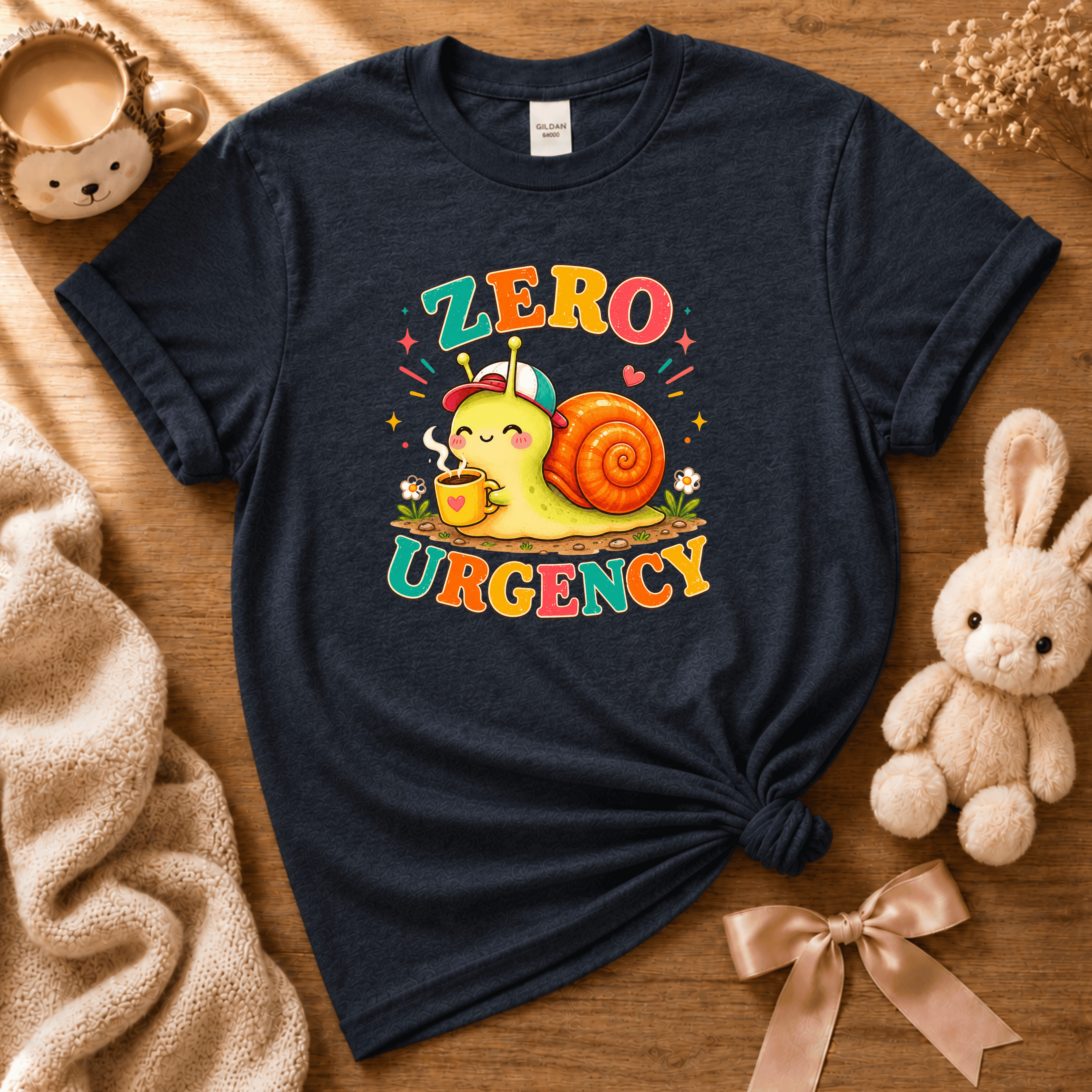 Zero Urgency cute animal graphic t-shirt displayed in a cozy flat lay in navy.