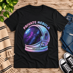 Nebula Premium T-Shirt in vintage black, flat lay with astronaut helmet reflecting a starry nebula graphic