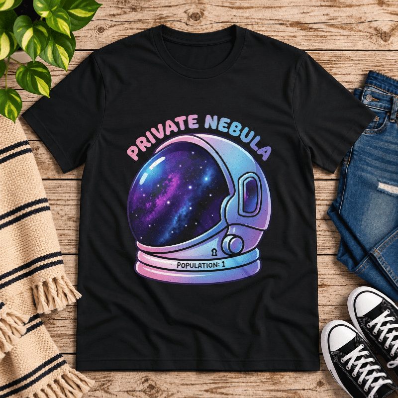 Nebula Premium T-Shirt in vintage black, flat lay with astronaut helmet reflecting a starry nebula graphic