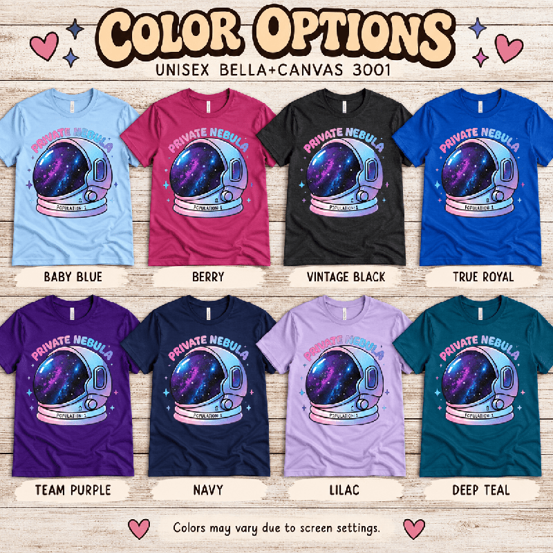 Nebula Premium T-Shirt color chart: Baby Blue, Berry, Vintage Black, True Royal, Team Purple, Navy, Lilac, Deep Teal