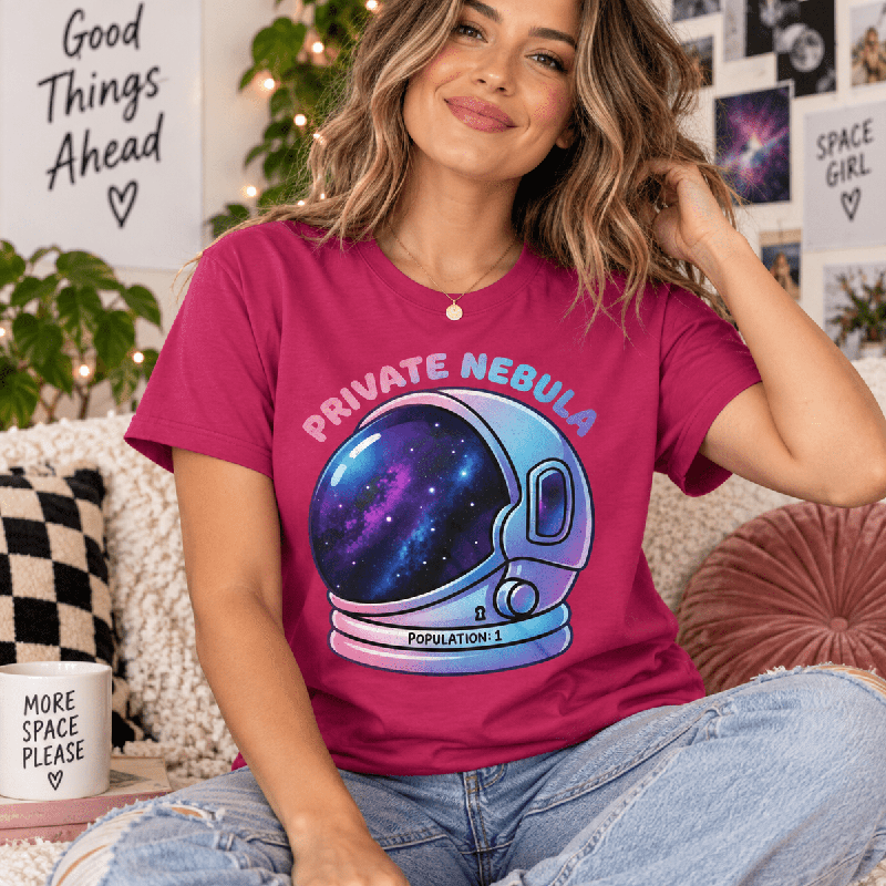 Woman wearing the Nebula Premium T-Shirt in berry