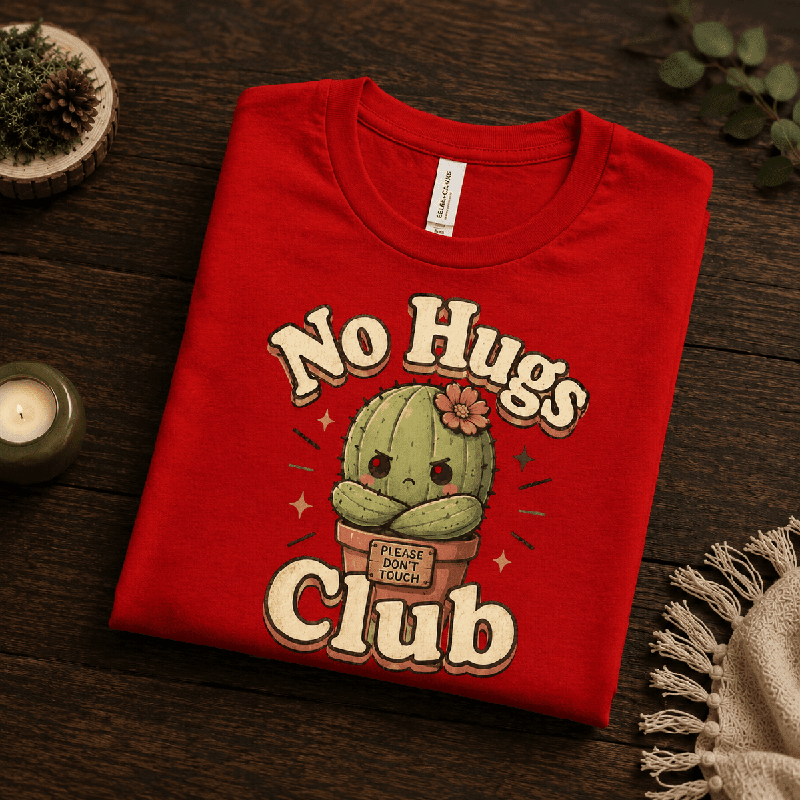 No Hugs Club Premium T-Shirt in red, folded close-up with neck tag showing