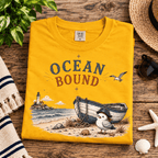 Ocean Bound Premium T-Shirt in gold, folded close-up with neck tag showing