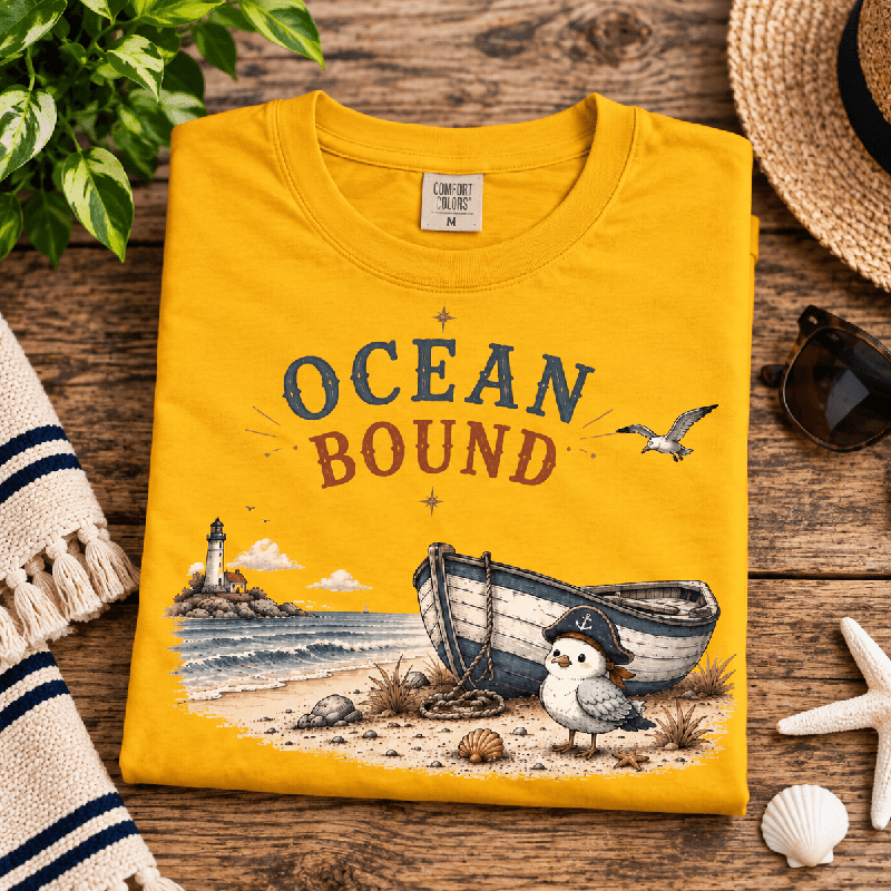 Ocean Bound Premium T-Shirt in gold, folded close-up with neck tag showing