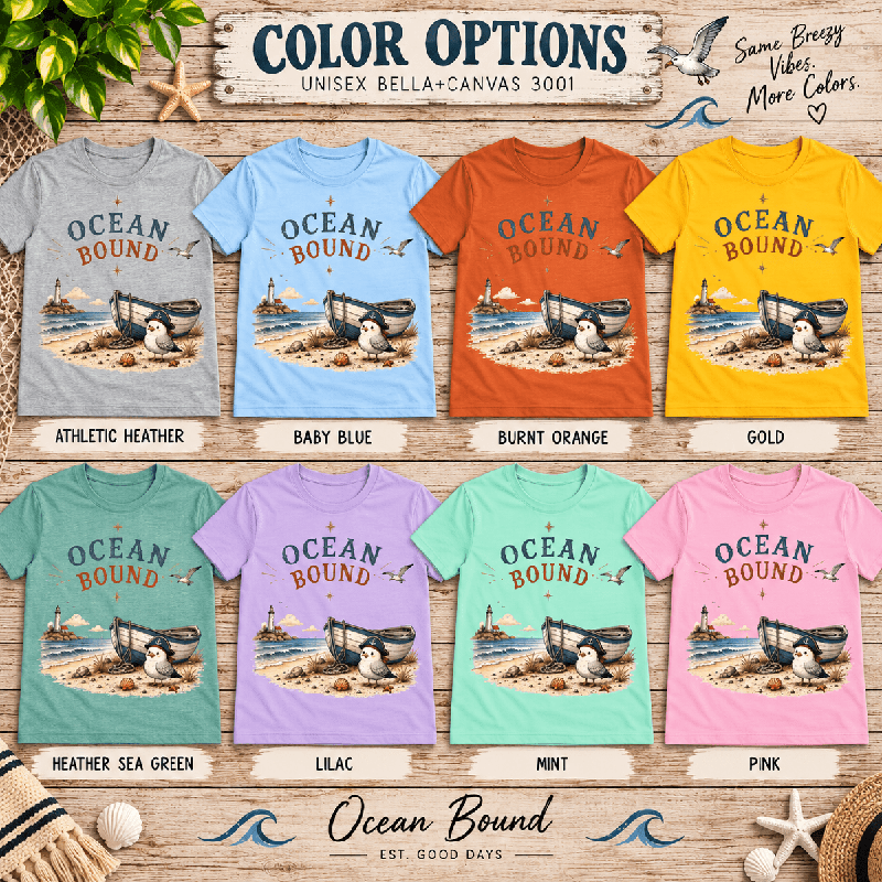 Ocean Bound Premium T-Shirt color chart: Athletic Heather, Baby Blue, Burnt Orange, Gold, Heather Sea Green, Lilac, Mint, Pink