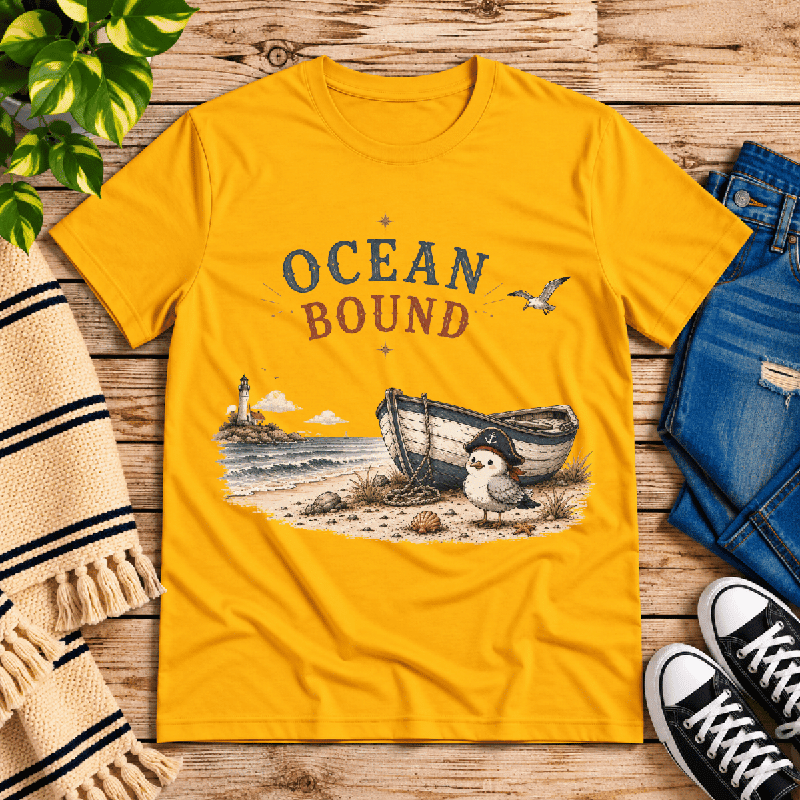 Ocean Bound Premium T-Shirt in gold, flat lay with lighthouse, rowboat, and pirate seagull graphic