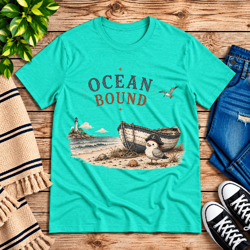 Ocean Bound Premium T-Shirt in heather sea green, flat lay