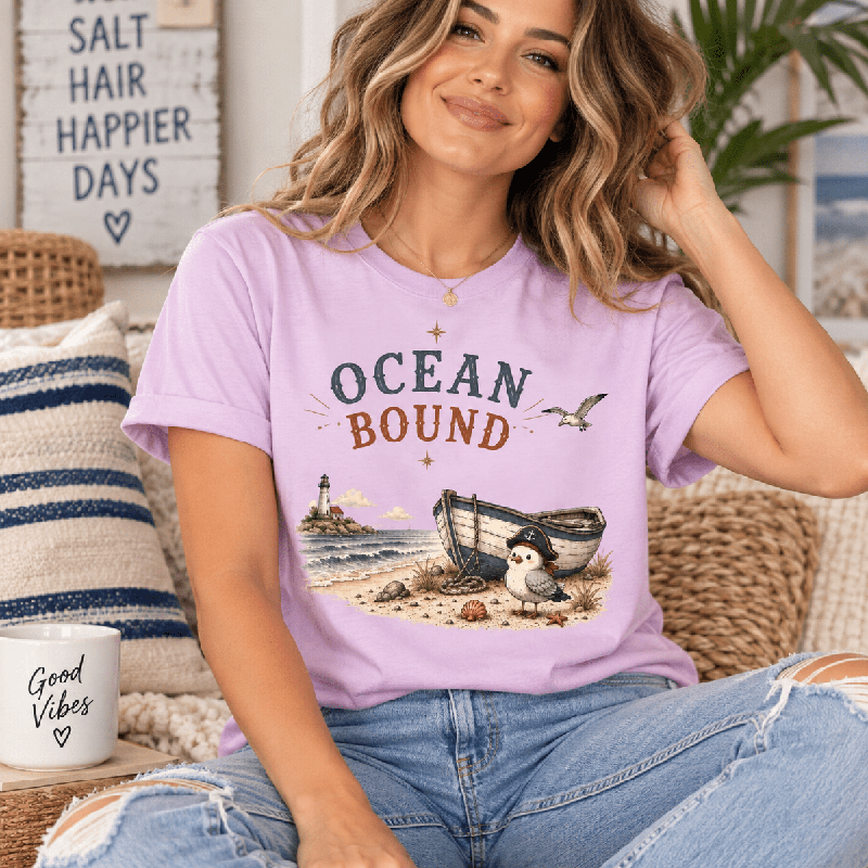 Woman wearing the Ocean Bound Premium T-Shirt in lilac
