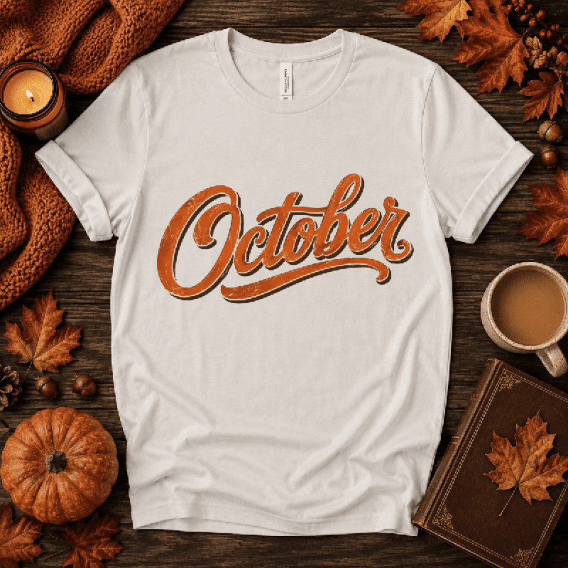 October Premium T-Shirt in vintage white, flat lay with "October" cursive script graphic and autumn props