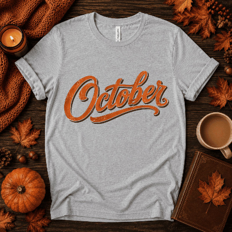 October Premium T-Shirt in athletic heather gray, flat lay with autumn props