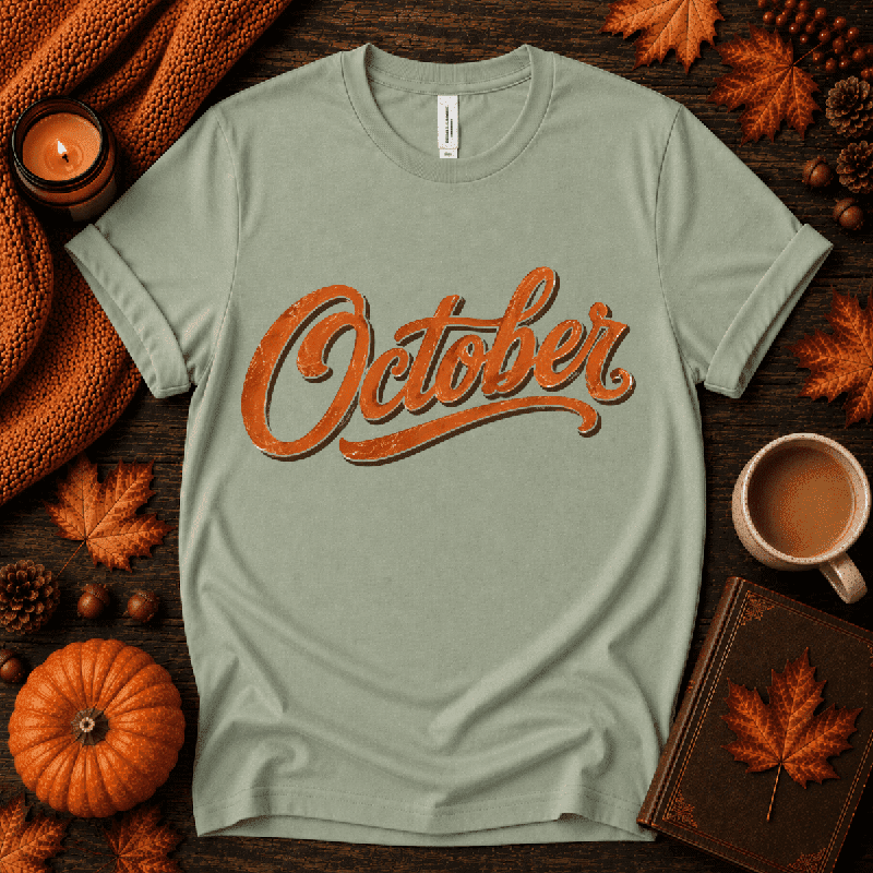 October Premium T-Shirt in sage, flat lay with autumn props