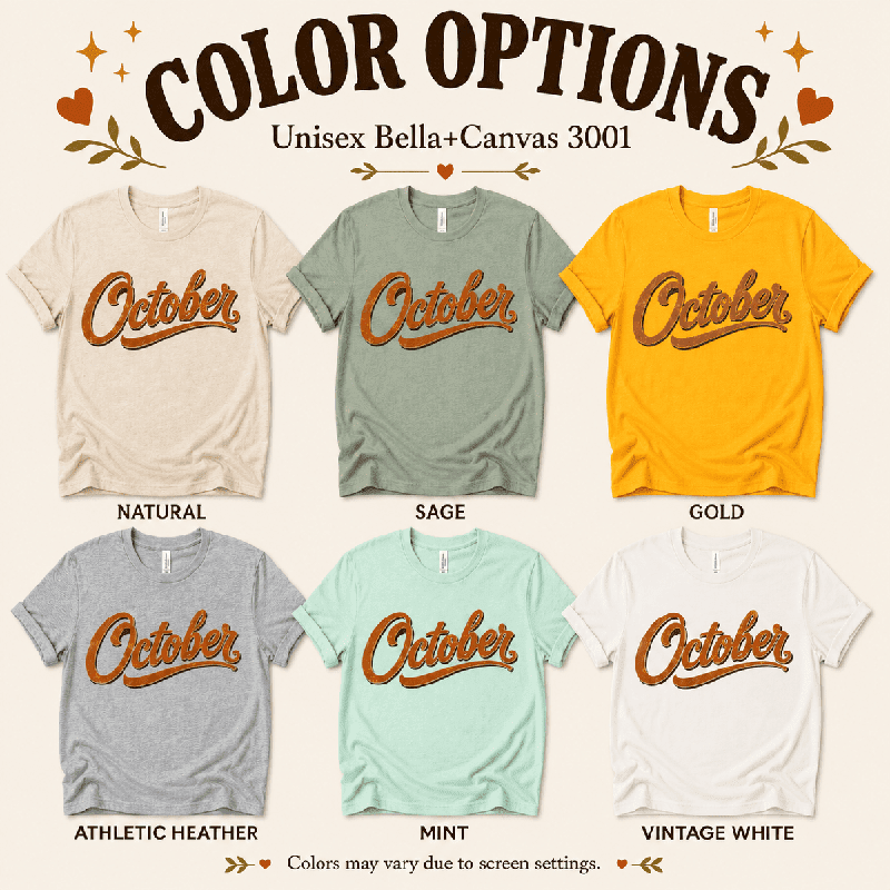 October Premium T-Shirt color chart: Natural, Sage, Gold, Athletic Heather, Mint, Vintage White