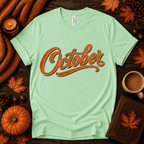 October Premium T-Shirt in mint, flat lay with autumn props
