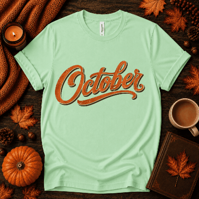 October Premium T-Shirt in mint, flat lay with autumn props