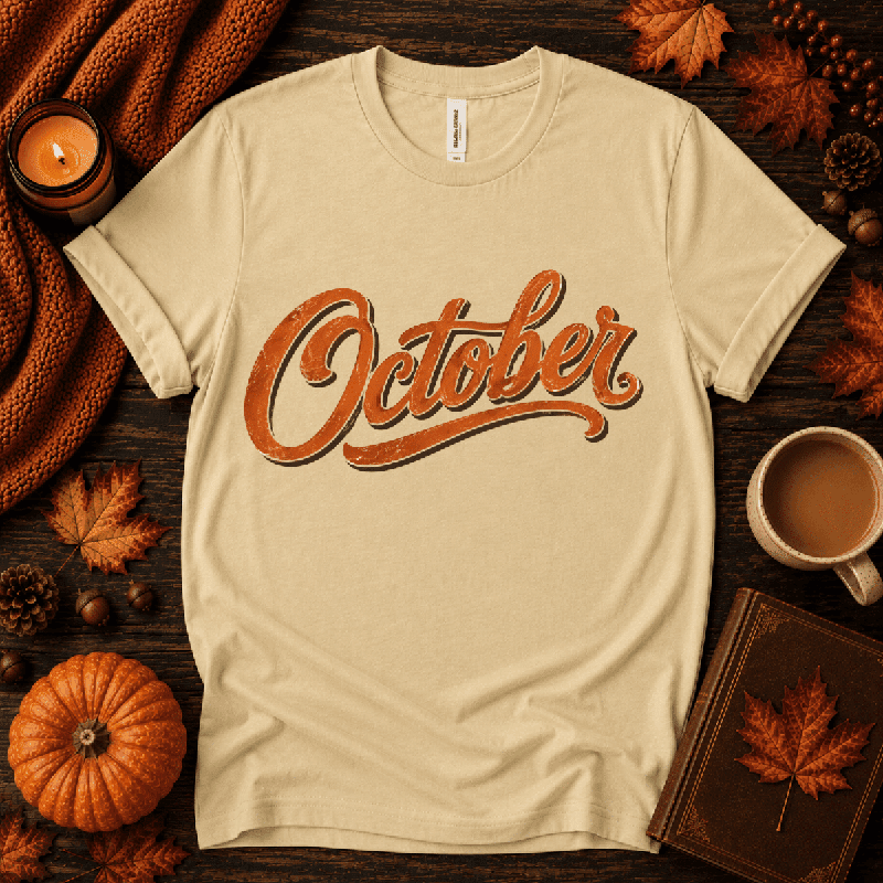 October Premium T-Shirt in natural, flat lay with autumn props