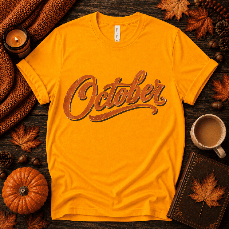 October Premium T-Shirt in gold, flat lay with autumn props
