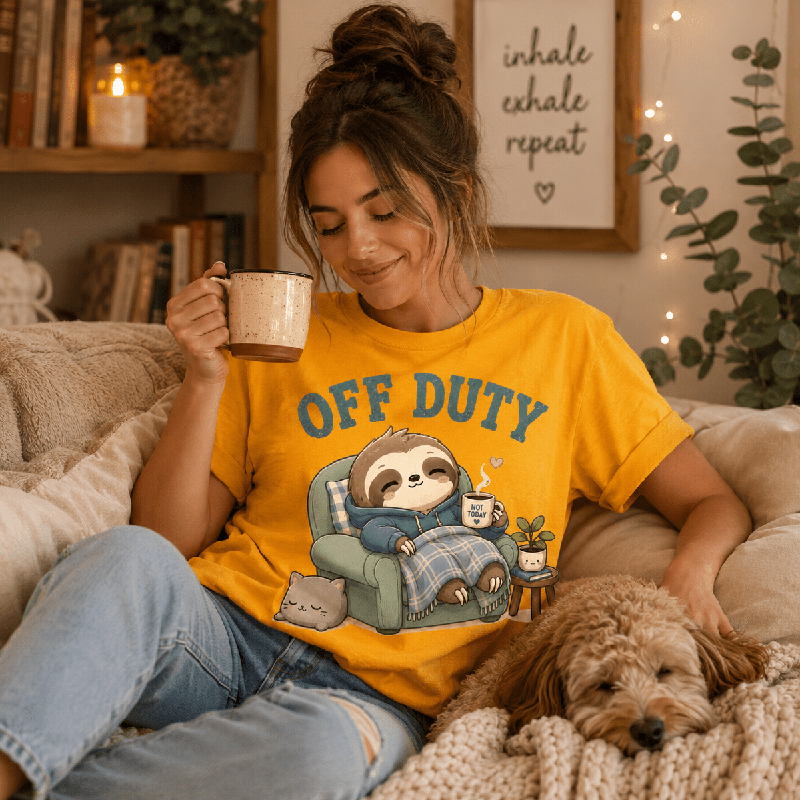 Woman holding a coffee mug with a dog beside her, wearing the Off Duty Premium T-Shirt in gold