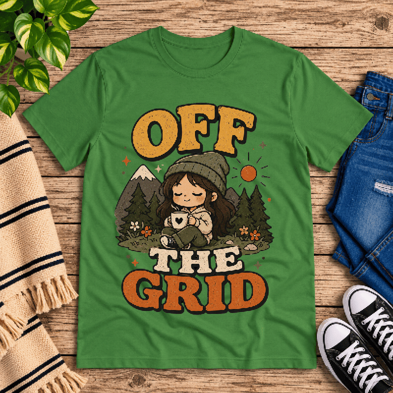 Off The Grid Nature Lover Premium T-Shirt in leaf green, flat lay with girl camping among mountains graphic
