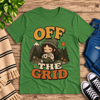 Off The Grid Nature Lover Premium T-Shirt in leaf green, flat lay with girl camping among mountains graphic