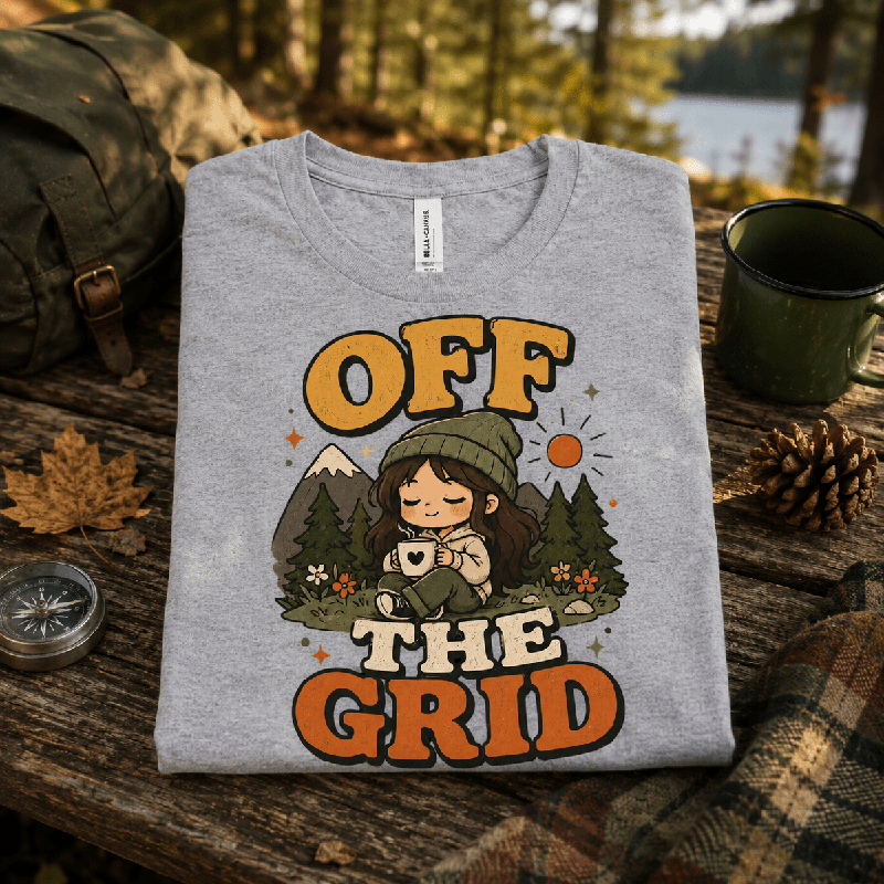 Off The Grid Nature Lover Premium T-Shirt in athletic heather gray, folded close-up outdoors with neck tag showing
