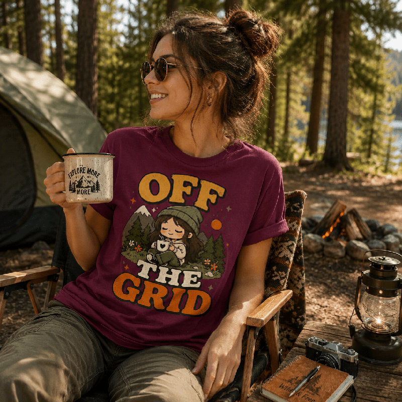 Woman holding a mug at a campsite, wearing the Off The Grid Nature Lover Premium T-Shirt in maroon