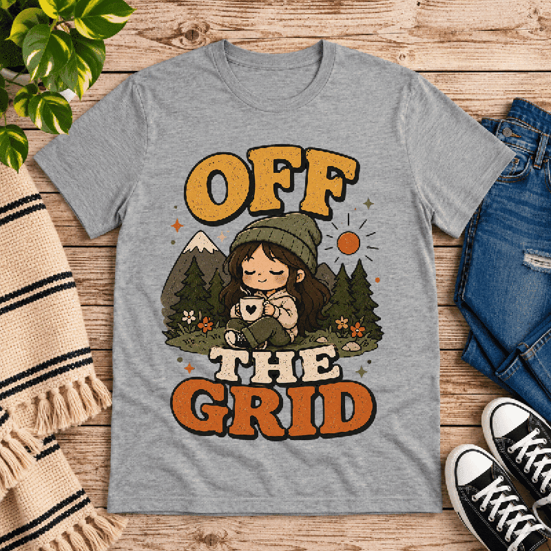 Off The Grid Nature Lover Premium T-Shirt in athletic heather gray, flat lay
