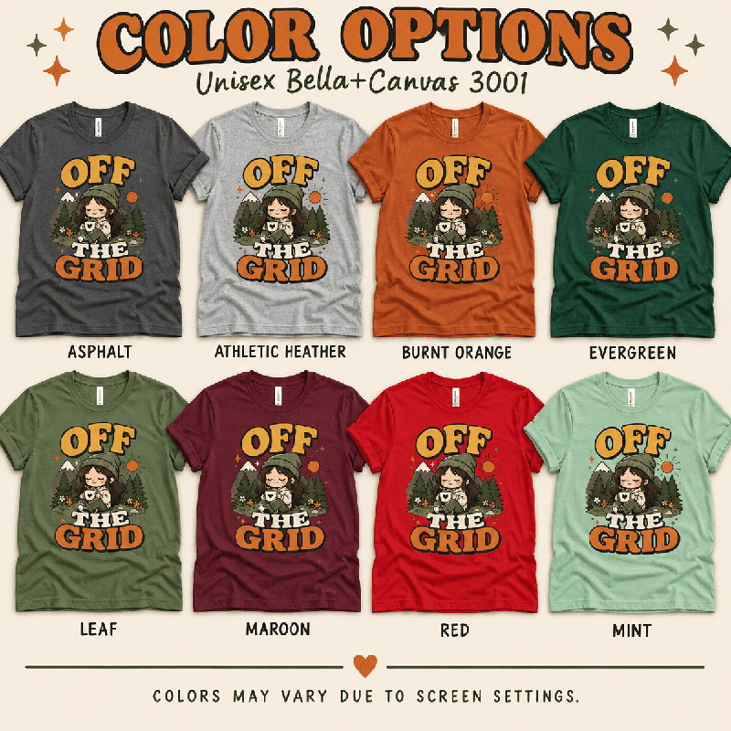 Off The Grid Nature Lover Premium T-Shirt color chart: Asphalt, Athletic Heather, Burnt Orange, Evergreen, Leaf, Maroon, Red, Mint