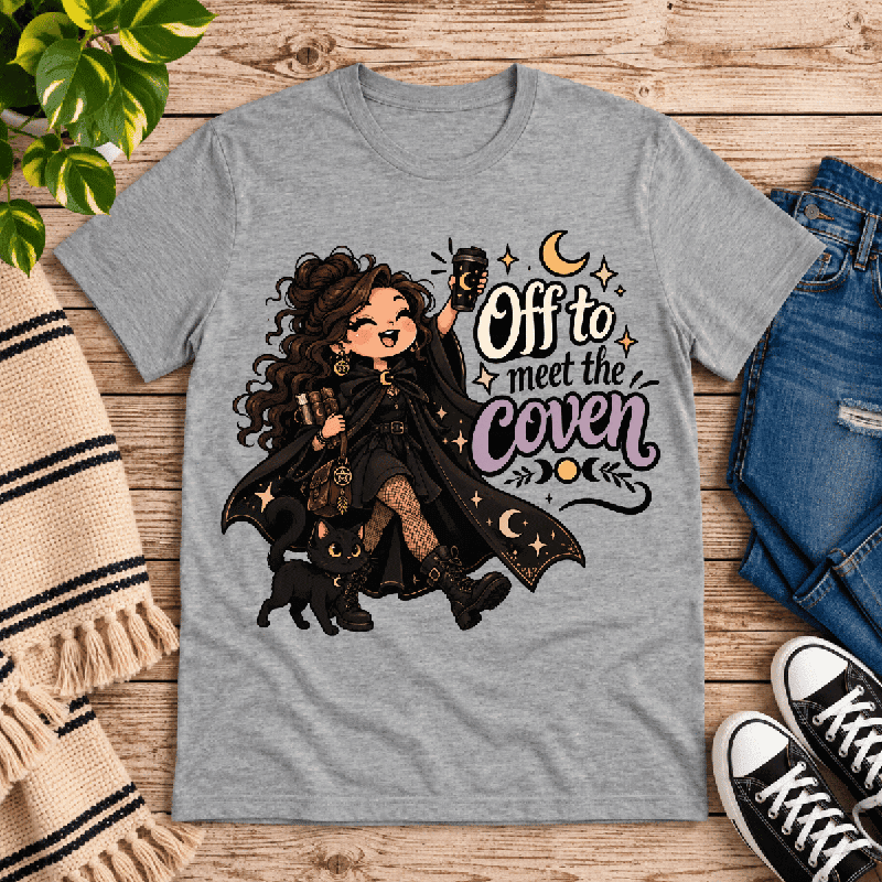 Off To Meet The Coven Premium T-Shirt in athletic heather gray, flat lay