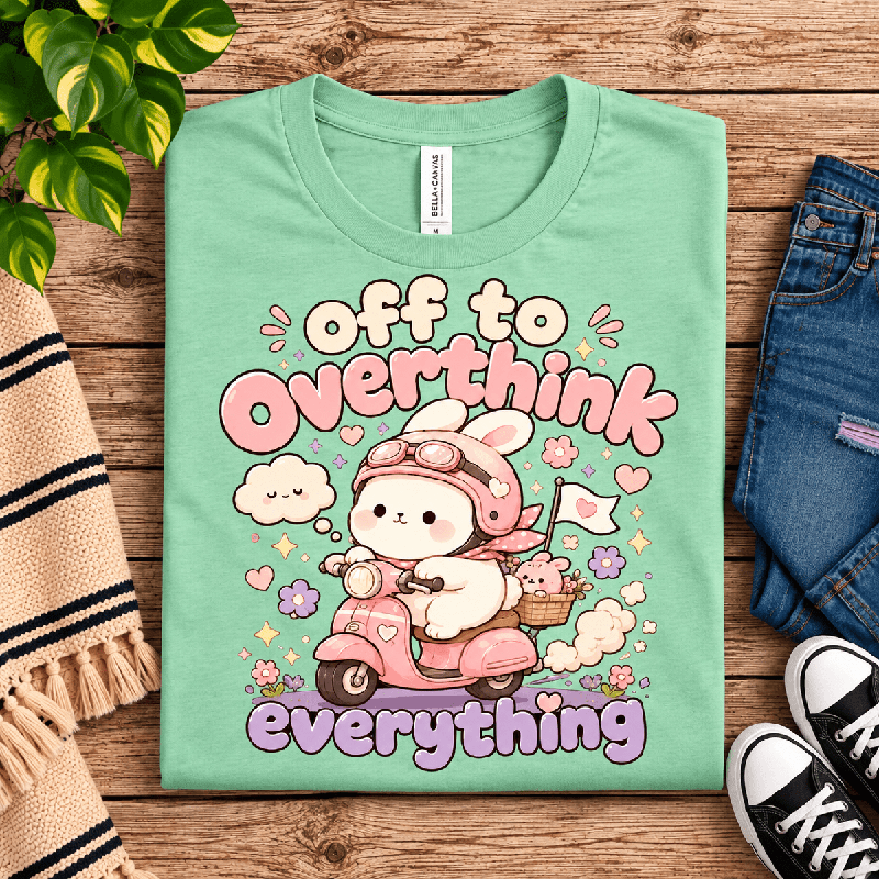 Overthink Bunny Premium T-Shirt in mint, folded close-up with neck tag showing