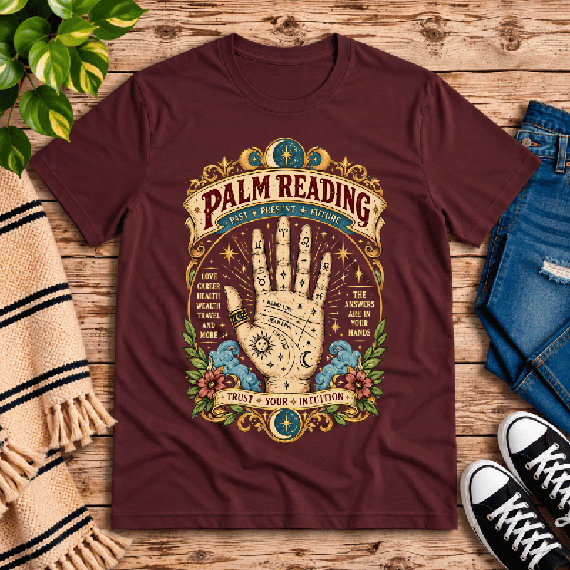Palm Reading Premium T-Shirt in maroon, flat lay with open palm palmistry graphic