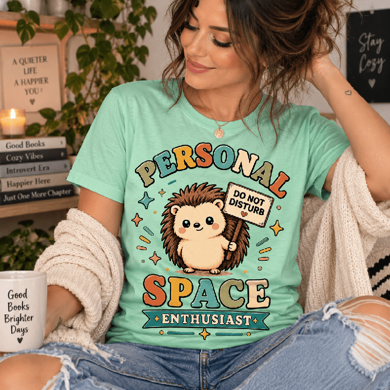 Woman seated wearing a cardigan, wearing the Personal Space Enthusiast Premium T-Shirt in mint