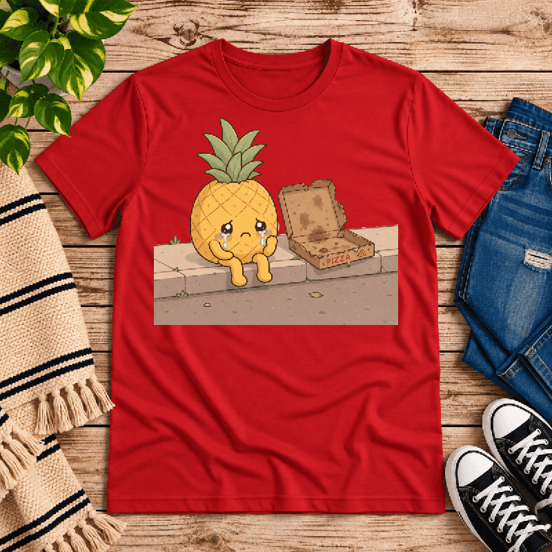 Pineapple Pizza Premium T-Shirt in red, flat lay with crying cartoon pineapple beside an empty pizza box graphic