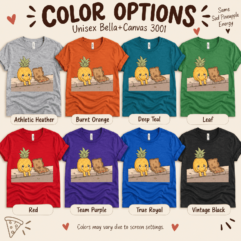 Pineapple Pizza Premium T-Shirt color chart: Athletic Heather, Burnt Orange, Deep Teal, Leaf, Red, Team Purple, True Royal, Vintage Black