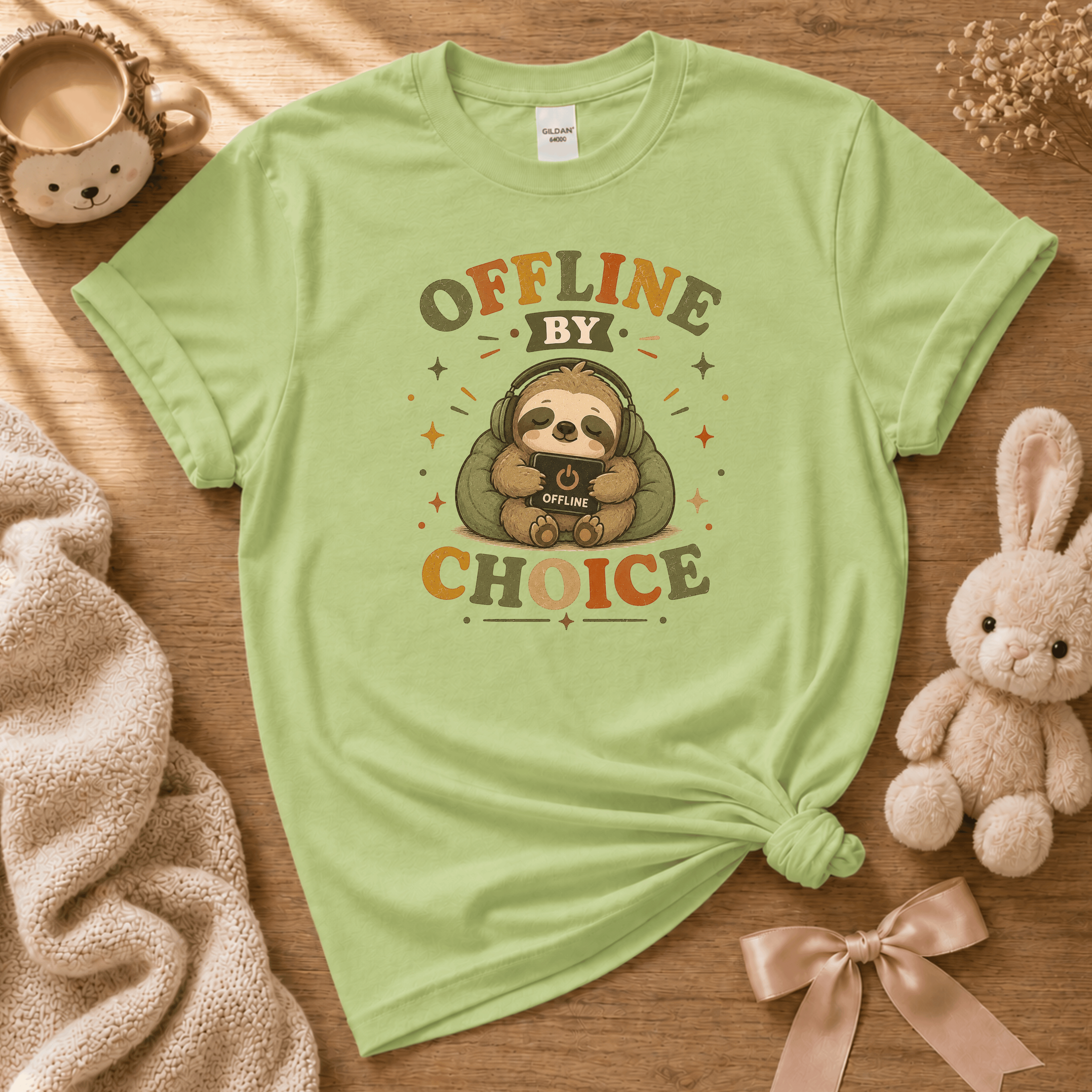 Offline By Choice Cute animal graphic t-shirt cozy flat lay in pistachio green.
