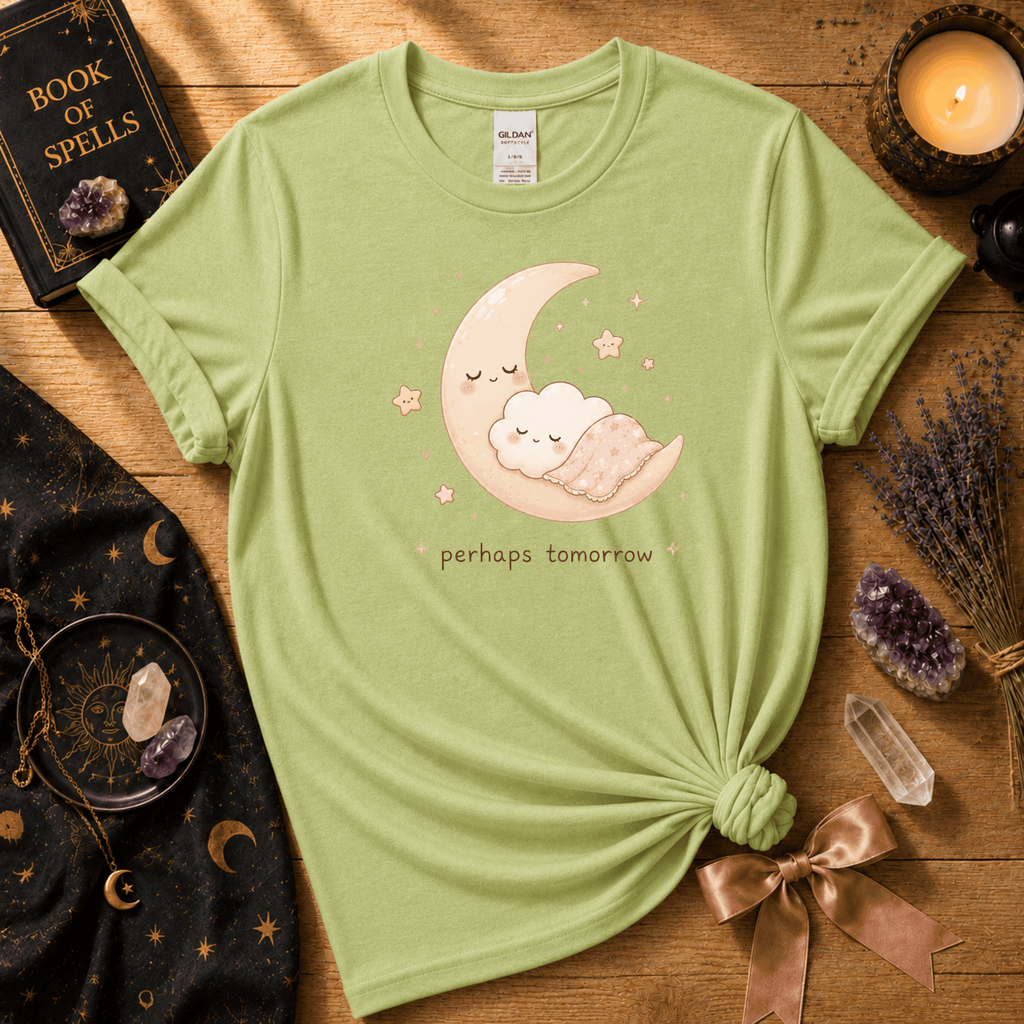 Perhaps Tomorrow introvert graphic t-shirt cozy flat lay in pistachio green.
