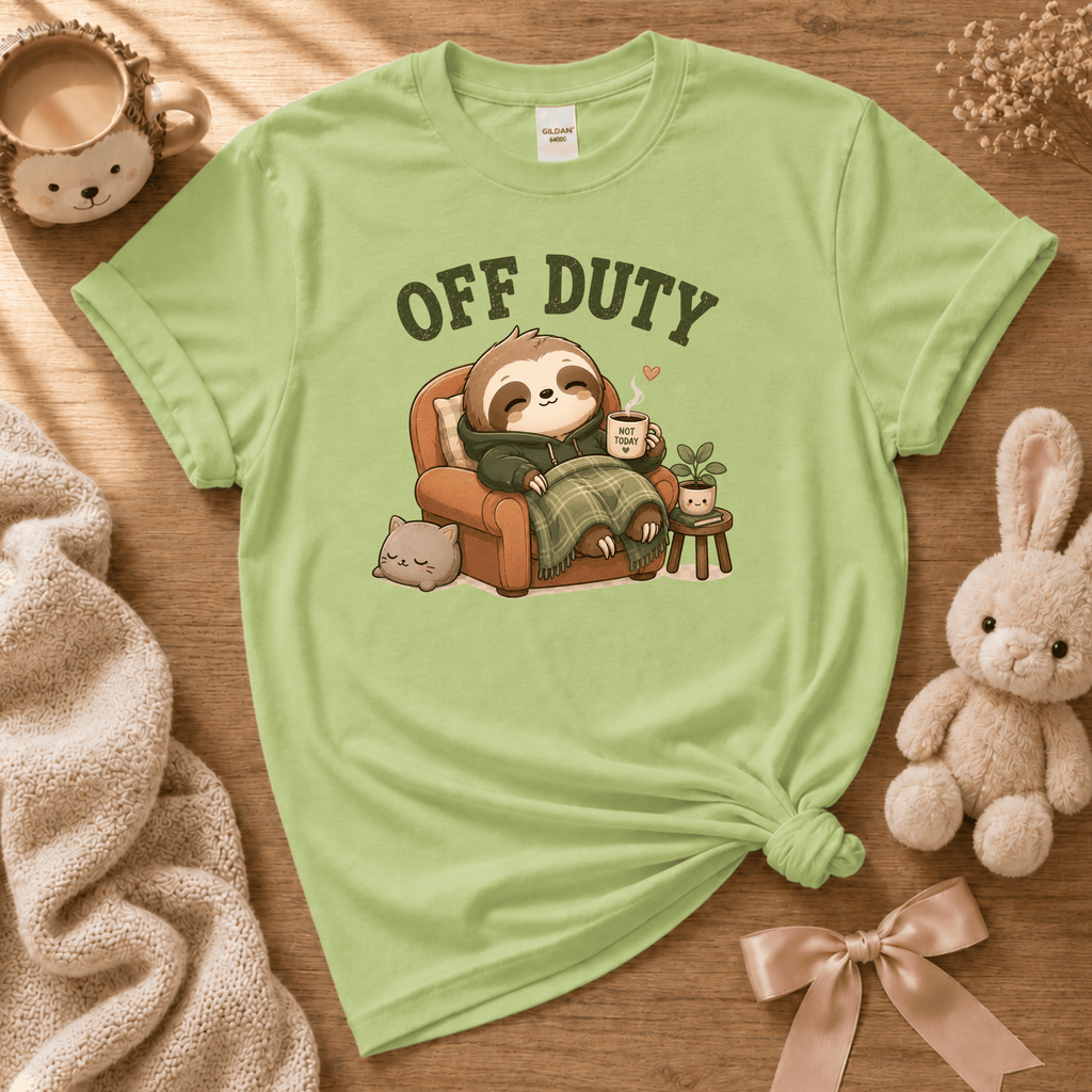 Off Duty cute animal graphic t-shirt cozy flat lay in pistachio green.