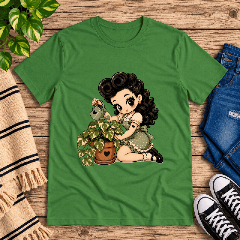 Plant Penny Premium T-Shirt in leaf green, flat lay with girl watering a potted plant graphic