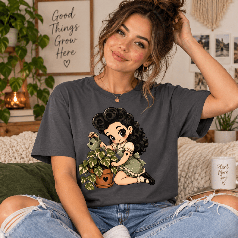 Woman seated indoors, wearing the Plant Penny Premium T-Shirt in asphalt gray