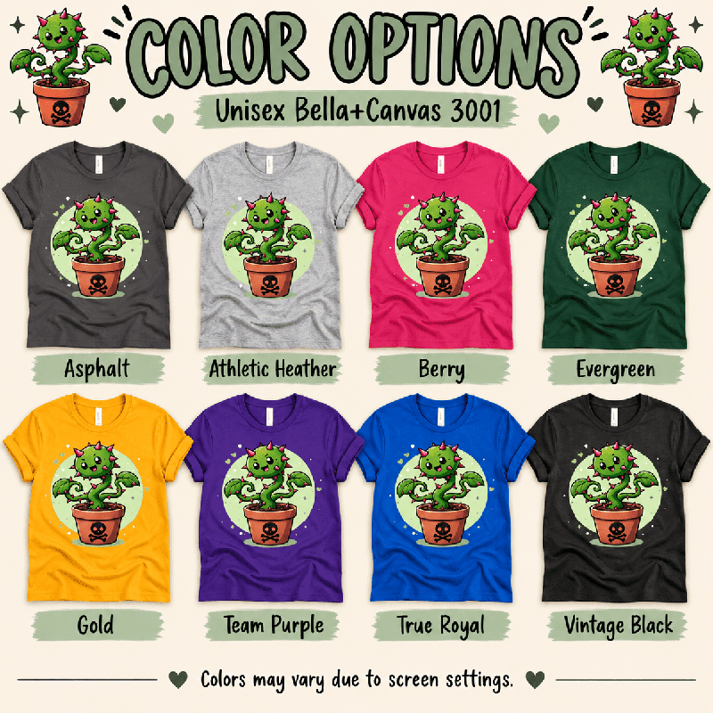Poison Ivy Premium T-Shirt color chart: Asphalt, Athletic Heather, Berry, Evergreen, Gold, Team Purple, True Royal, Vintage Black