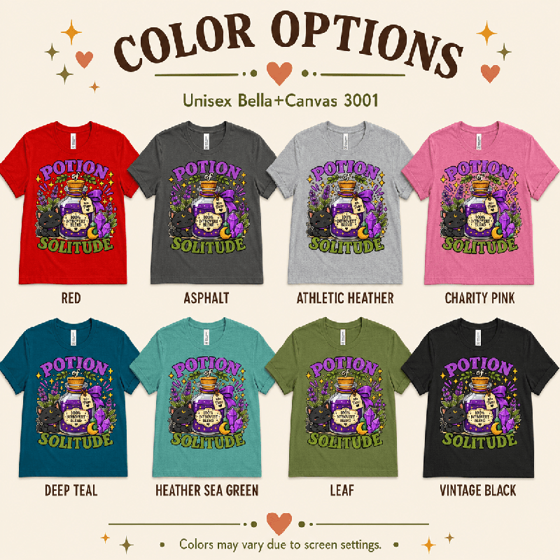 Potion of Solitude Premium T-Shirt color chart: Red, Asphalt, Athletic Heather, Charity Pink, Deep Teal, Heather Sea Green, Leaf, Vintage Black