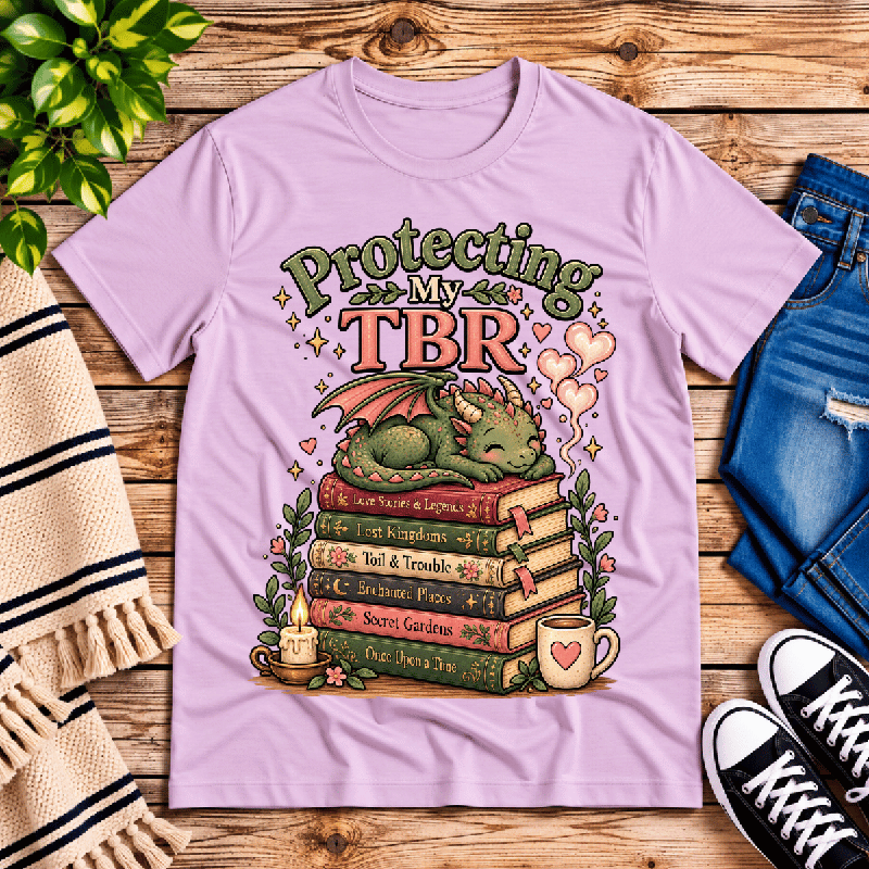 Protecting My TBR Premium T-Shirt in lilac, flat lay with sleeping dragon on a stack of books graphic