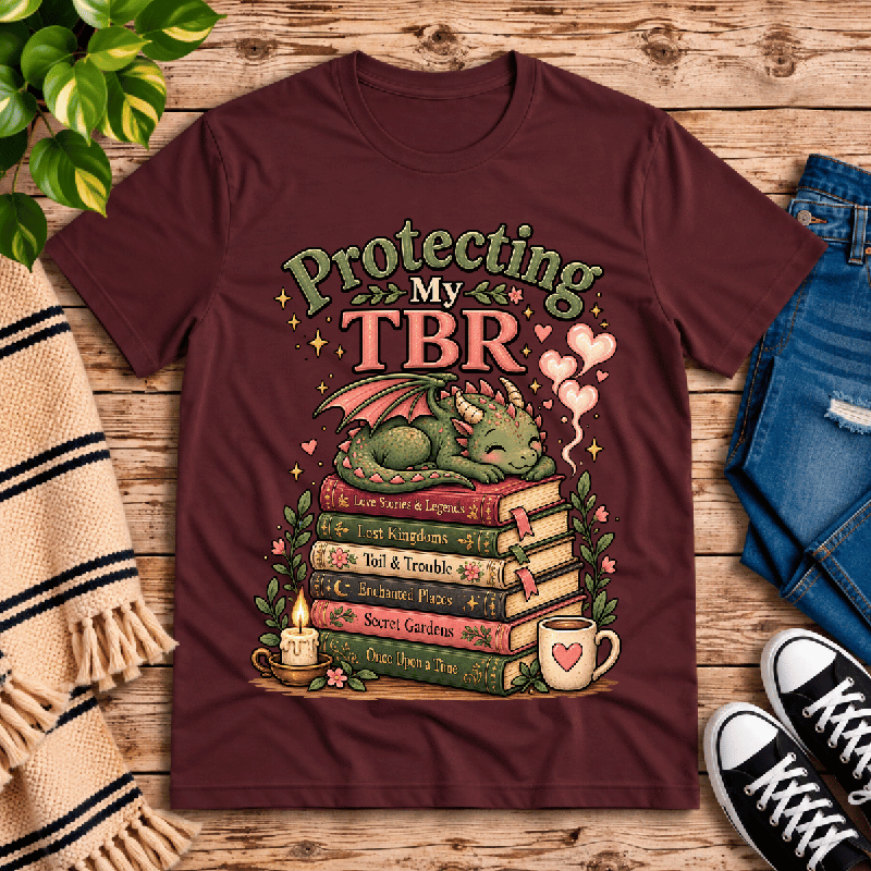 Protecting My TBR Premium T-Shirt in maroon, flat lay