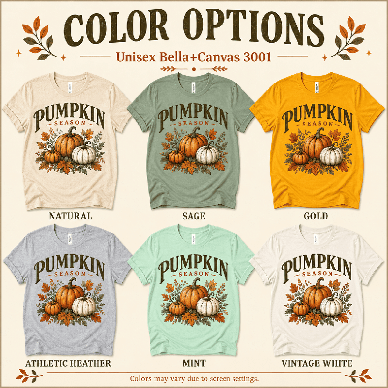 Pumpkin Season Premium T-Shirt color chart: Natural, Sage, Gold, Athletic Heather, Mint, Vintage White