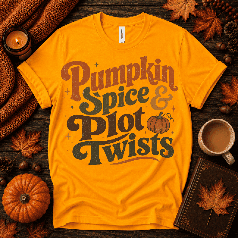 Pumpkin Spice Premium T-Shirt in gold, flat lay with autumn props