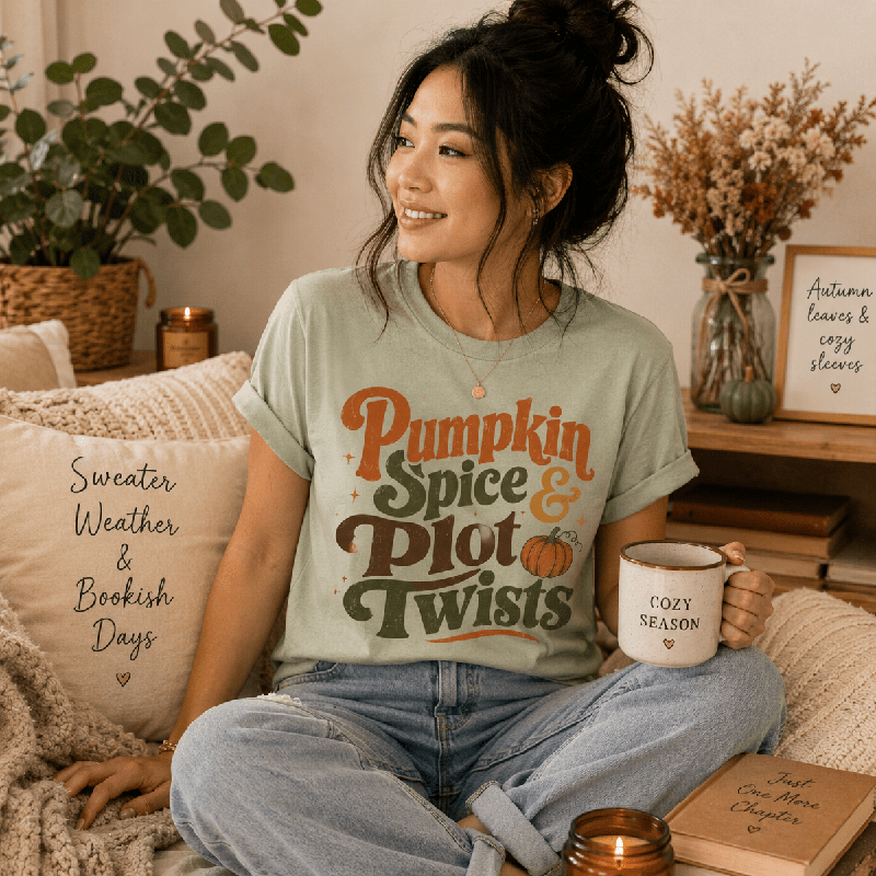 Woman sitting on a couch holding a mug, wearing the Pumpkin Spice Premium T-Shirt in sage
