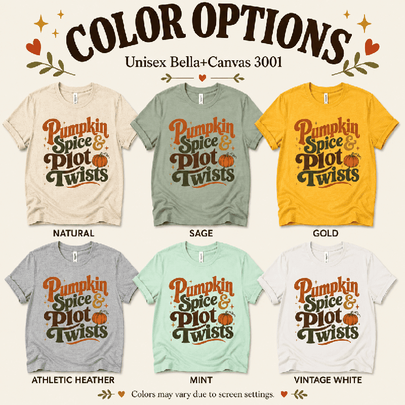 Pumpkin Spice Premium T-Shirt color chart: Natural, Sage, Gold, Athletic Heather, Mint, Vintage White