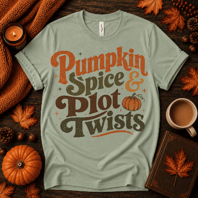 Pumpkin Spice Premium T-Shirt in sage, flat lay with "Pumpkin Spice & Plot Twists" graphic and autumn props