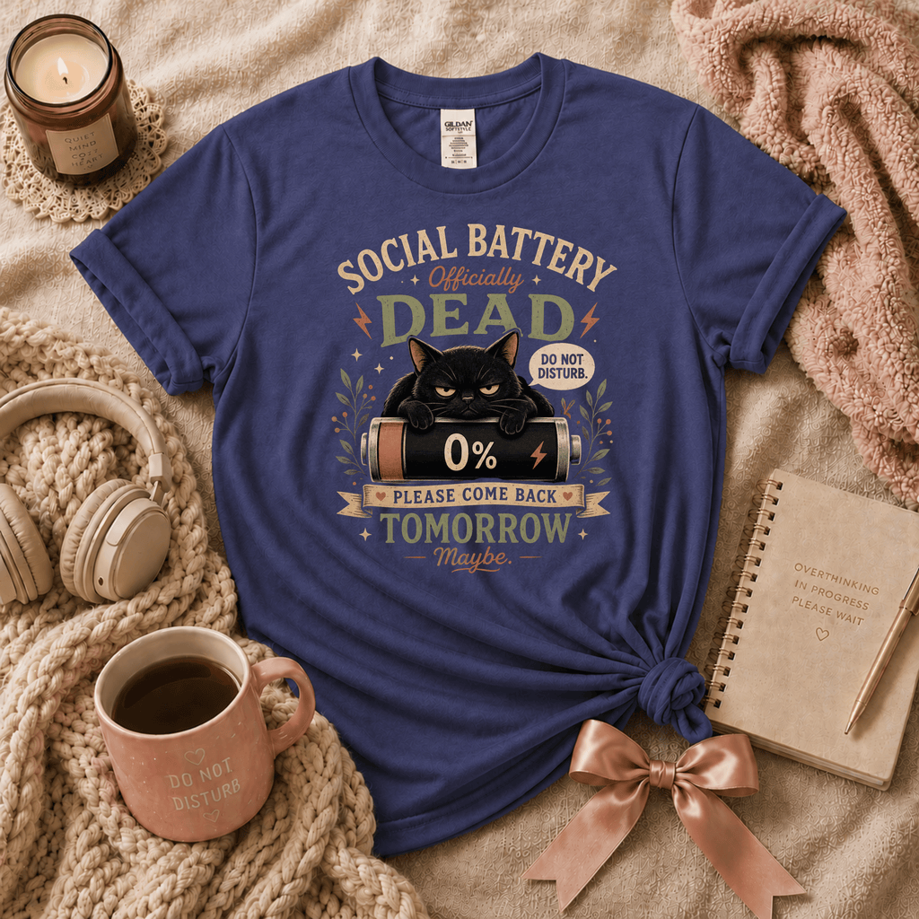 Social Battery Dead introvert graphic t-shirt in Purple.